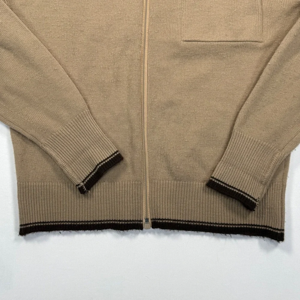 Vintage St Michael Mens Full Zip Cardigan Sweater Tan Brown Trim UK Made 38in